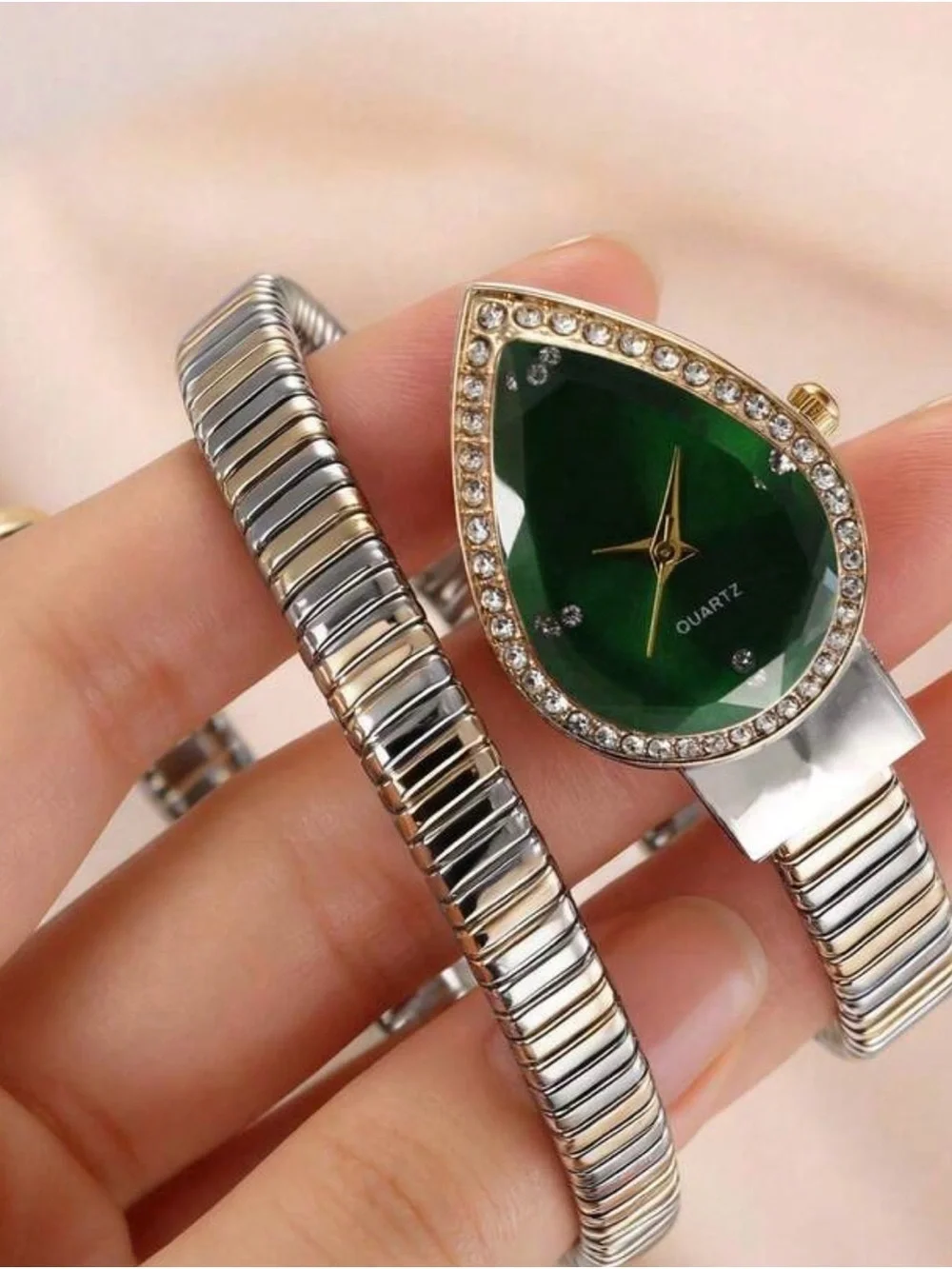 Anthropologie Two-Tone Gold & Silver Teardrop Green Dial Crystal Watch